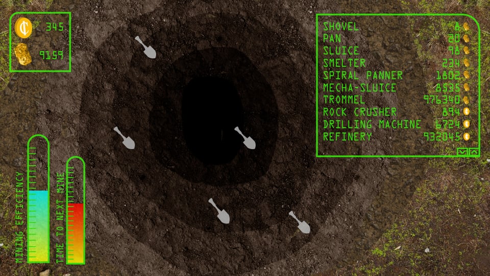 A video game screenshot from Clickmine, with neon green heads up display, showing two gauges, an item stores, and the user's token balance, in front of a deep hole being dug into the ground