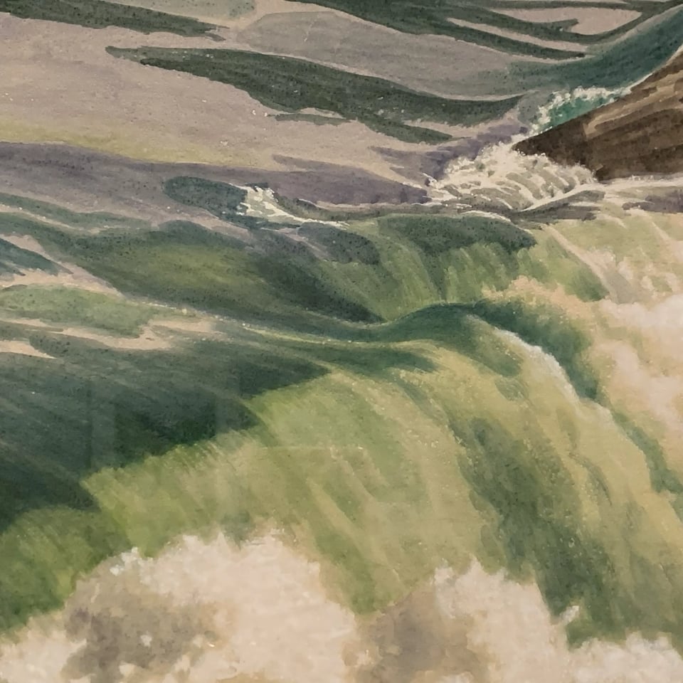A close-up watercolor of swirling green and blue water with white frothy waves crashing against a rocky surface.