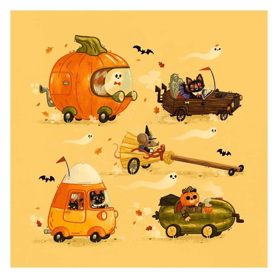 Halloween vehicles in Richard Scarry style, including a pumpkin, a broom, and a candy corn