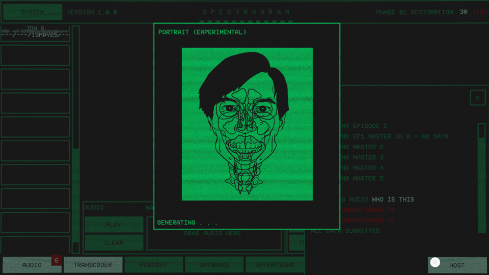 an overlay in a green-and-black user interface shows a face