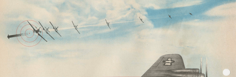 a fighter plane conducts an attack run on a bomber, viewed from the waist gunner position. The plane appears tiny, then huge, then gone. 