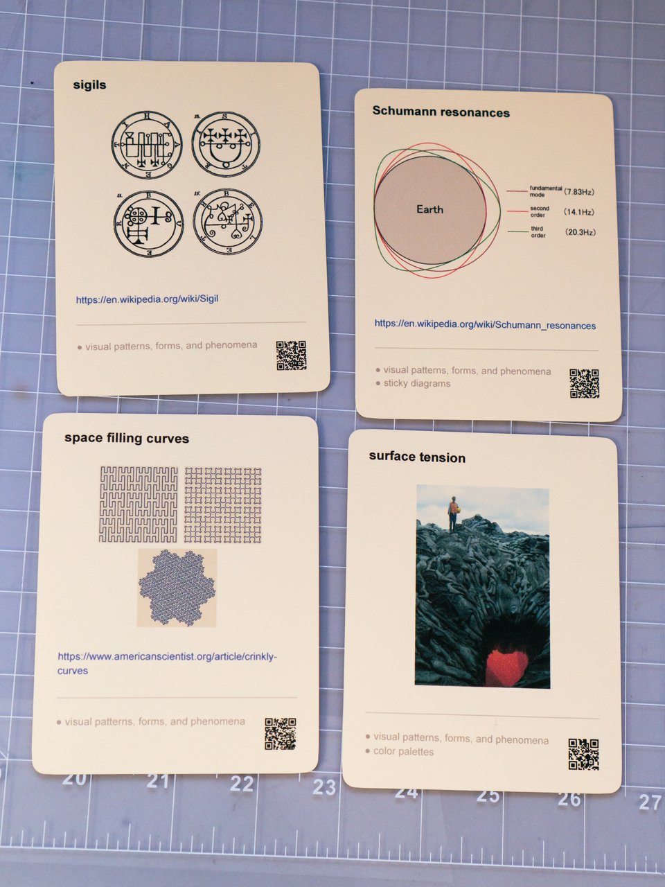 four cards with images and QR codes