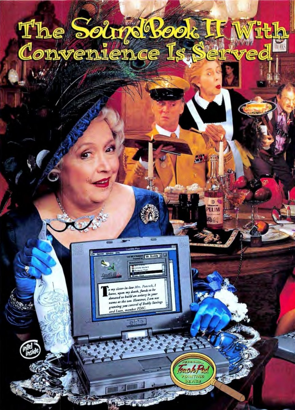 One of the Clue characters, Mrs. Peacock, is holding a laptop that displays Mr. Boddy's last will. In the background, Colonel Mustard, Mrs. White, and Professor Plum are skulking around suspiciously.