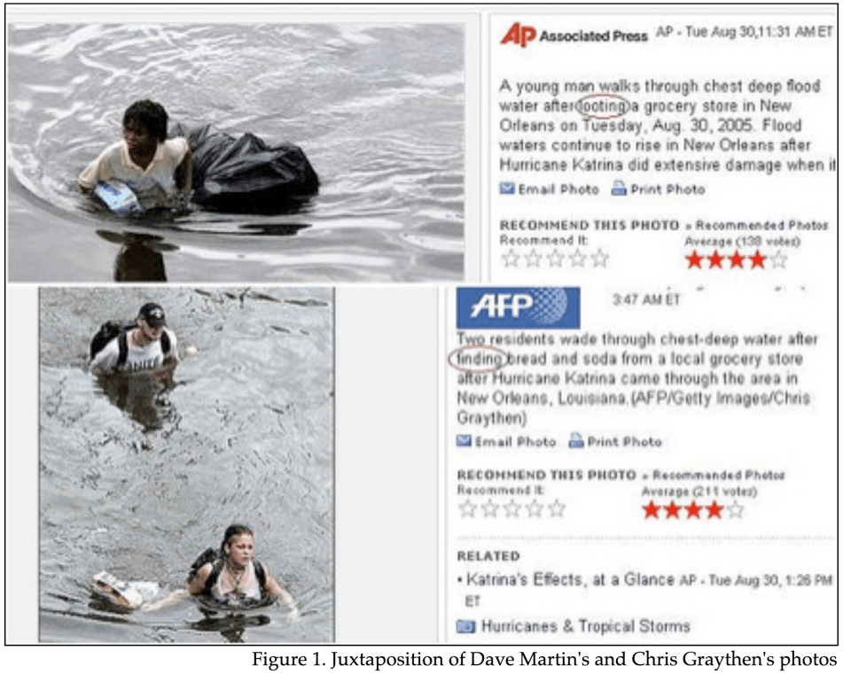 juxtaposition of a Black person in Hurricane Katrina’s floods labeled as “looting” by the Associated Press and two white people in Hurricane Katrina’s floods labeled as “finding bread and soda” by AFP