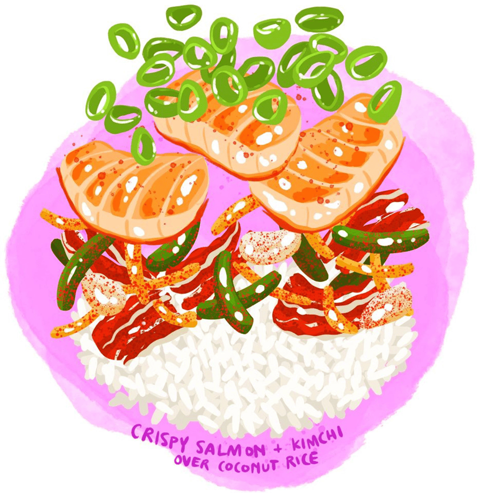 A colorful drawing of crispy salmon, kimchi and green onions over coconut rice