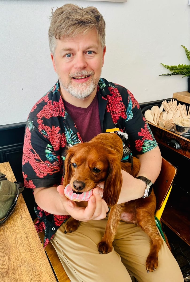 A cute dog munches on a dog biscuit.