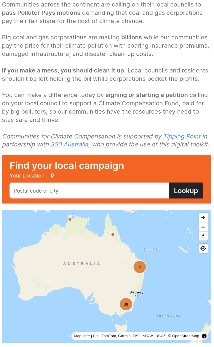 "Communities across the continent are calling on their local councils to pass Polluter Pays motions demanding that coal and gas corporations pay their fair share for the cost of climate change."