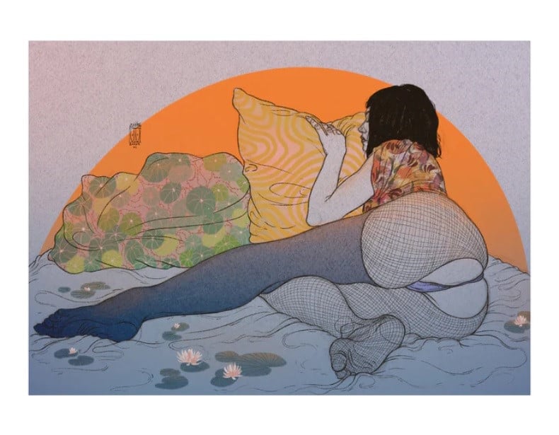 illustration of a woman laying on a bed, except the bed has lilypads on its surface.
