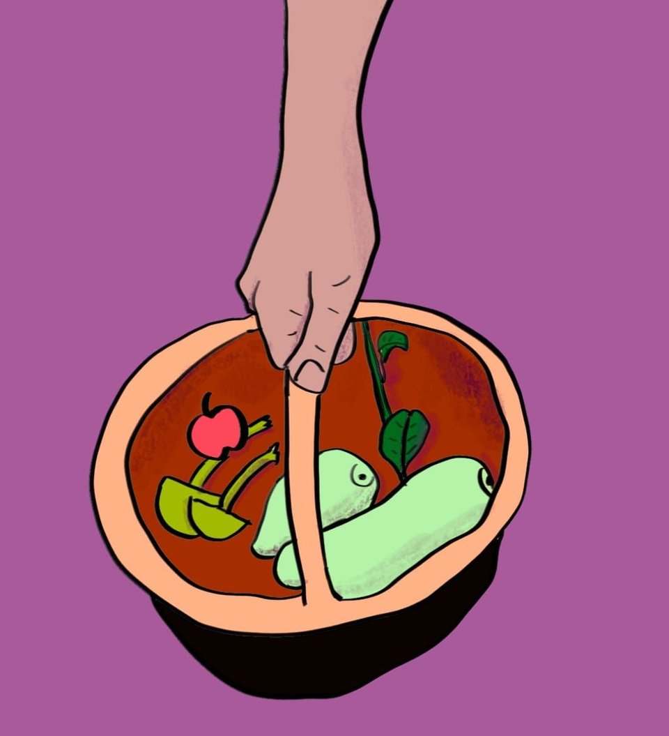 A painting of a hand holding a basket full of fruit and vegetables.
