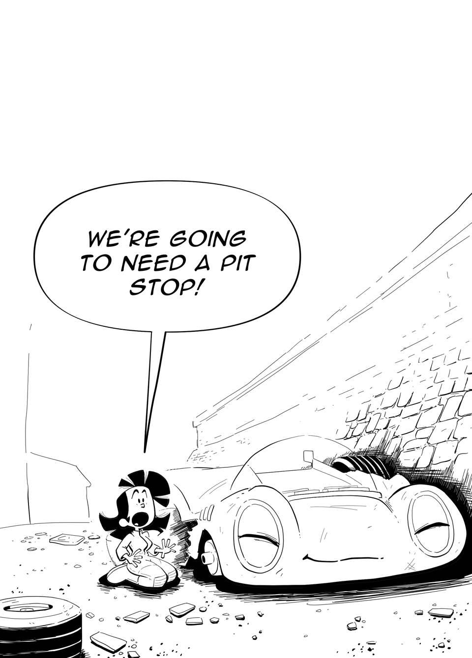 Worldracers pg 14. Spread, kneeling beside the crashed Racecar, Tess shouts, "We're going to need a pit stop!"