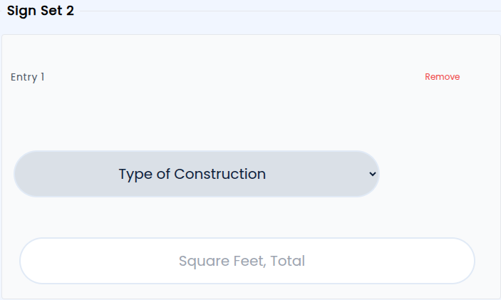 Application form showing a repeatable fieldset for entering details about signs