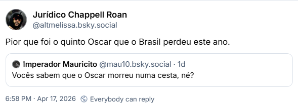 Post de Jurídico Chappell Roan (‪@altmelissa.bsky.social‬):
Pior que foi o quinto Oscar que o Brasil perdeu este ano.