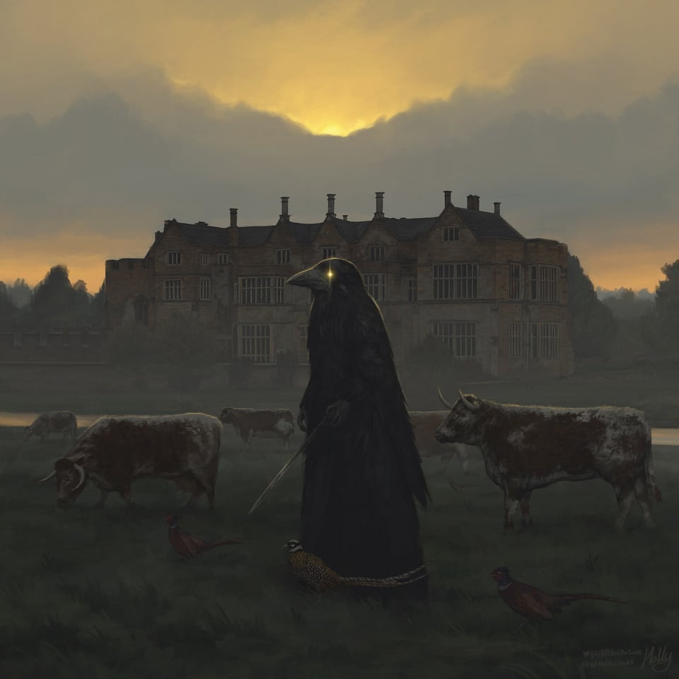 A spooky illustration of a crow-headed, cloaked figure standing in a field with cows near a large manor.