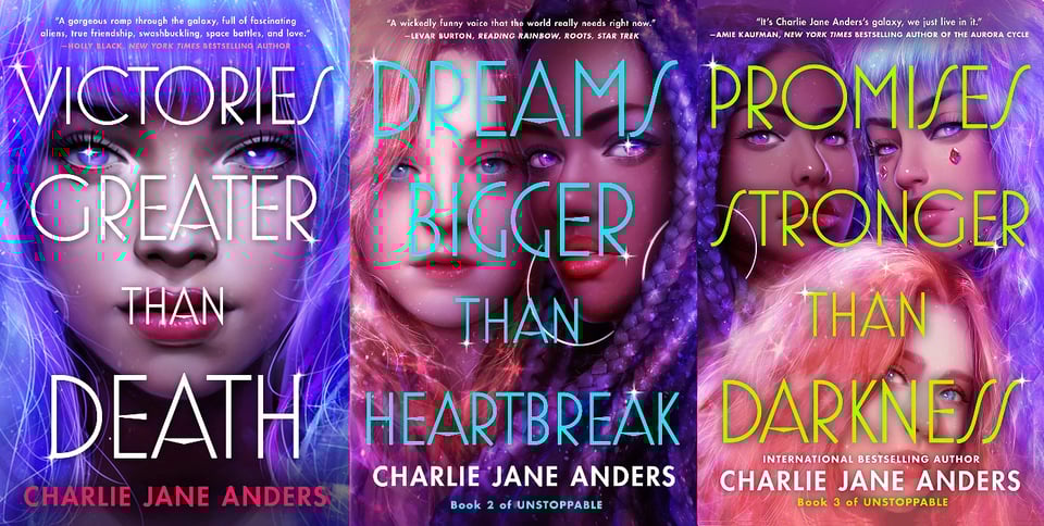 The covers of the Unstoppable trilogy, featuring a purple haired girl with sparkly purple eyes, then a redhead and a Black girl also with sparkly purple eyes, and finally all three of them together.