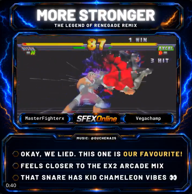 Screenshot of @SFEXOnline's social video post of the More Stronger remix, their favourite remix of the five listed