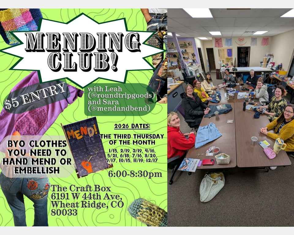 On the left is the bright collaged image of the Mending Club flyer. On the right is a group of people around a large table all smiling at the camera with their mending projects in their hands.