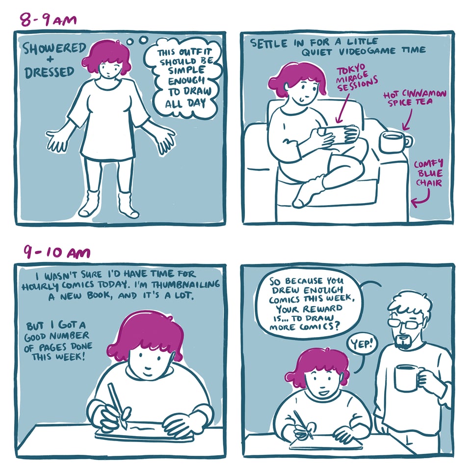 Panel 1: 8-9 AM, showered + dressed. Sarah stands regarding herself and thinks