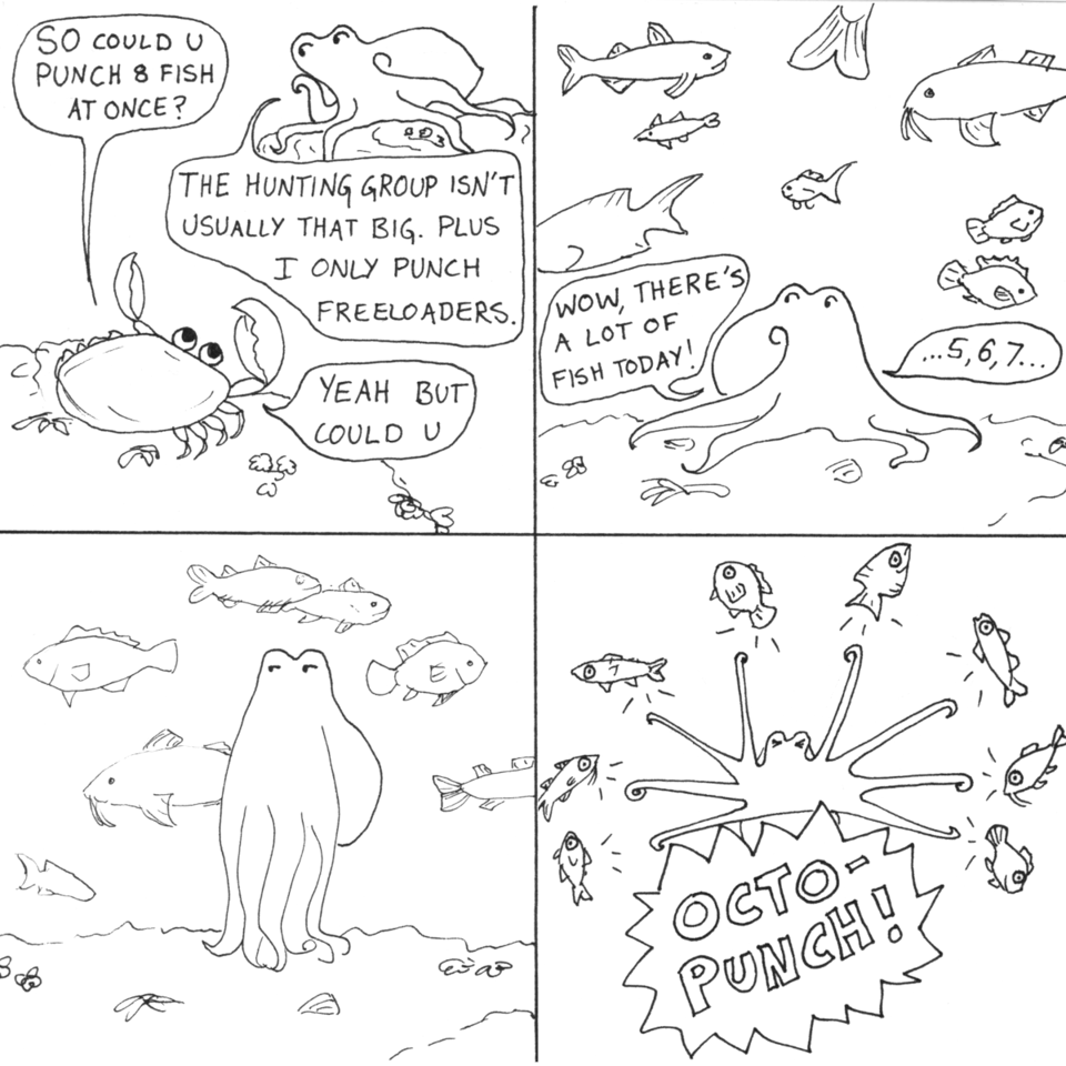 Four panels of a black and white ink comic. In Panel 1, a crab asks an octopus,