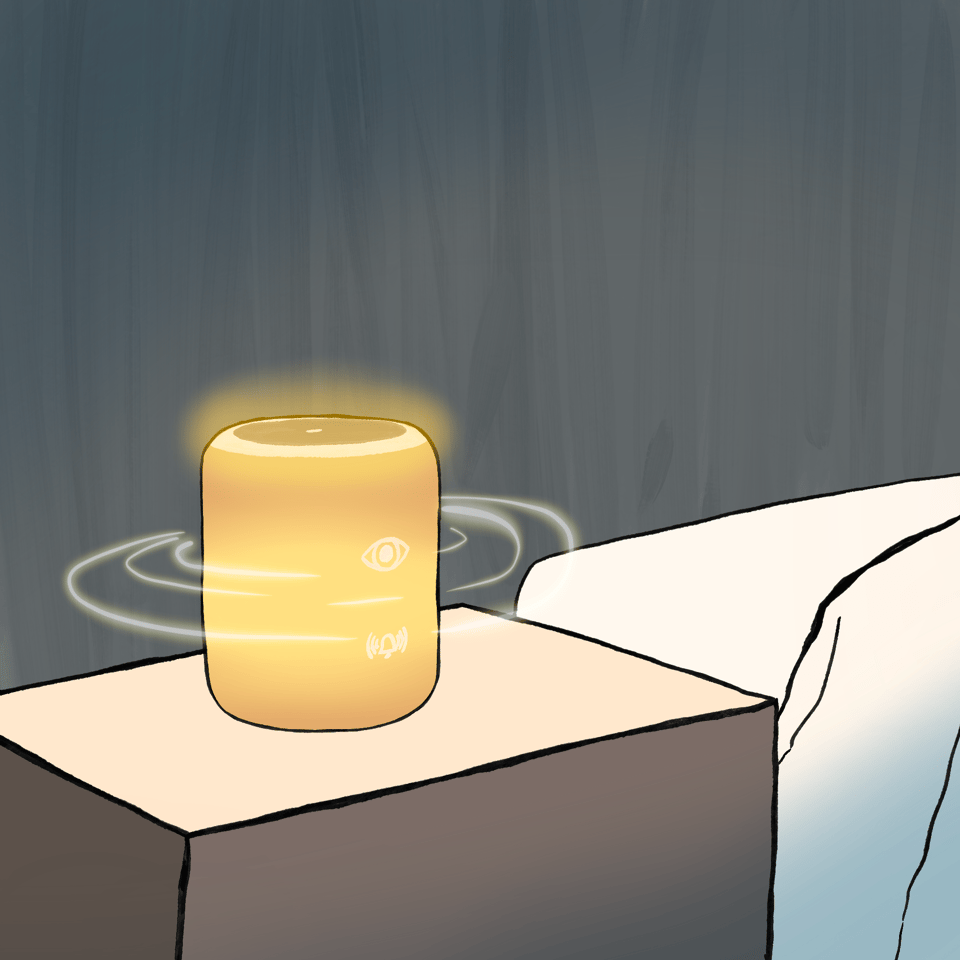 On a nightstand next to a bed, a golden round speaker is sitting, it is emitting light and music.