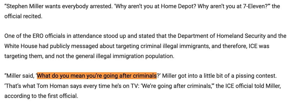screenshot of a conservative newspaper article explaining how Stephen Miller is targeting non-criminals Did you see this flag?