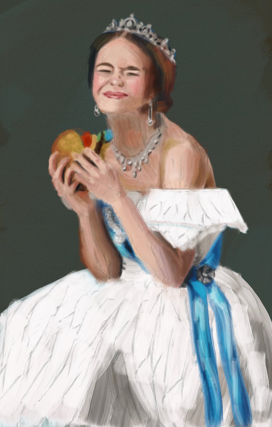 Painting of a royal lady with pale skin, dark hair, and a big poofy white gown. She wears a ton of jewelry and a scrunched expression of pure delight, holding a hamburger in her hands.