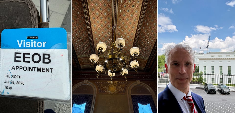 3 images: left, a visitor badge for the Eisenhower Executive Office Building; center, the ceiling and chandelier of a conference room in the EEOB; right, a selfie of a white man in a blue suit, white shirt, and red-silver-blue tie, with the West Wing of the White House in the background