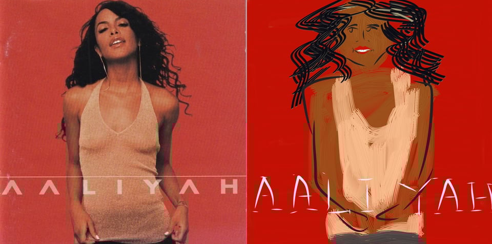 A photograph of a thin Black woman, Aaliyah, on a red background. (RIP) She wears a sheer sleeveless top that is I believe beige. She looks very confident.