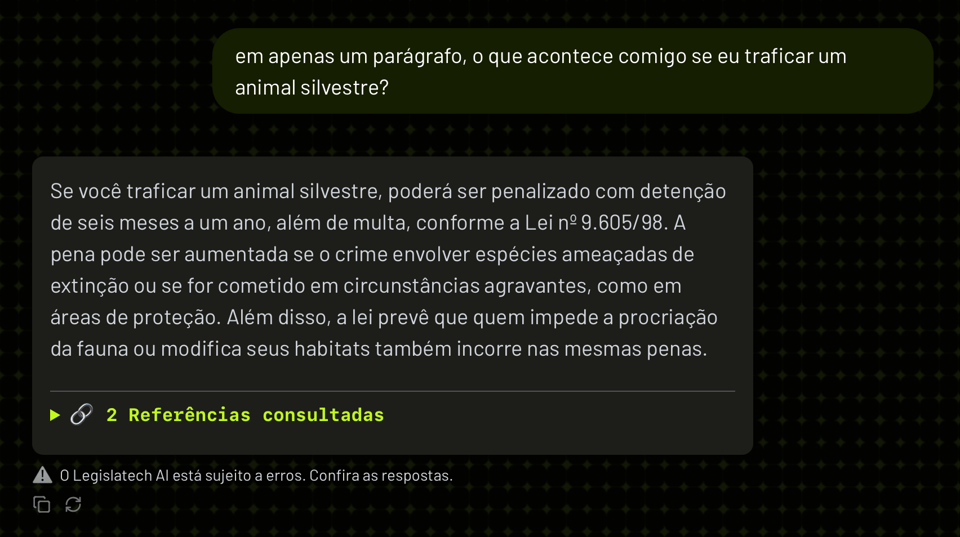 pergunta ao bot: em apenas um parágrafo, o que acontece comigo se eu traficar um animal silvestre? Resposta: Se você traficar um animal silvestre, poderá ser penalizado com detenção de seis meses a um ano, além de multa, conforme a Lei nº 9.605/98. A pena pode ser aumentada se o crime envolver espécies ameaçadas de extinção ou se for cometido em circunstâncias agravantes, como em áreas de proteção. Além disso, a lei prevê que quem impede a procriação da fauna ou modifica seus habitats também incorre nas mesmas penas.
