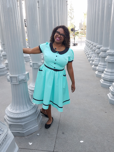 Patricia in a mint dress at the Los Angeles Country Museum of Art
