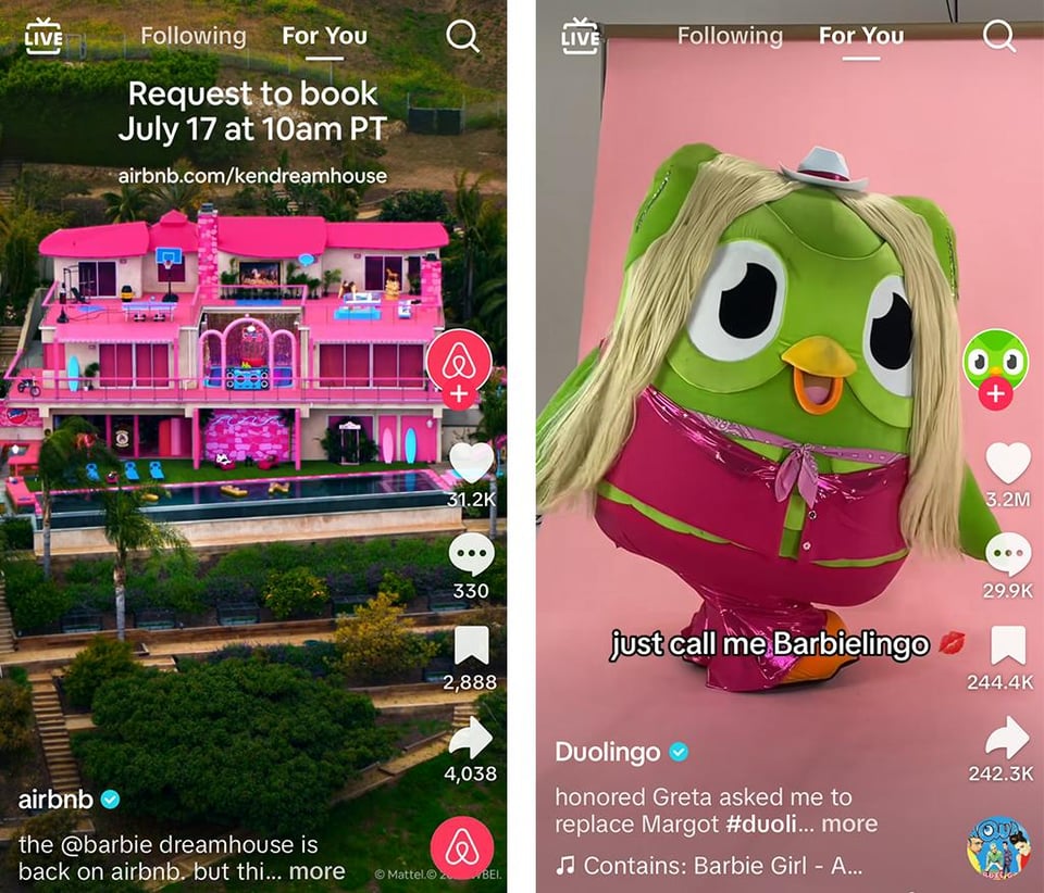 Popular brands (Airbnb and Duolingo) hopping on the viral Barbie trend (2023).