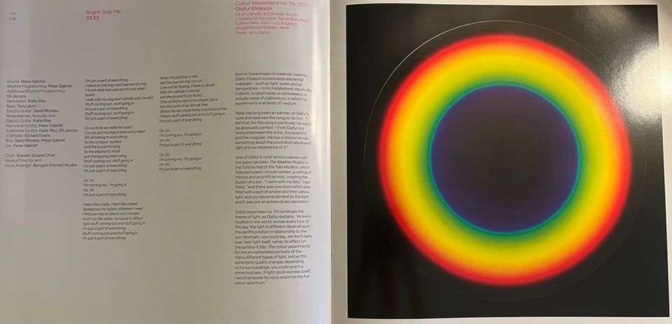 The spread for the "Bright Side" Mix of "i/o" including Olafur Eliasson's composition "Colour experiment, no. 114"