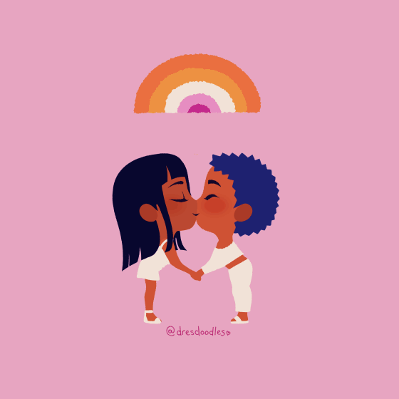my lesbian visibility day gif of rotating lesbian couples smooching on a pink background under a lesbian flag rainbow