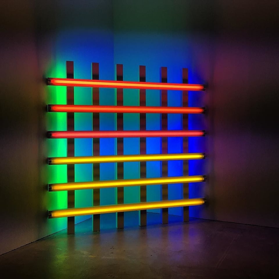 Dan Flavin, untitled (in honor of Harold Joachim) 3, 1977. A hashwork of primary-colored fluorescent lights.