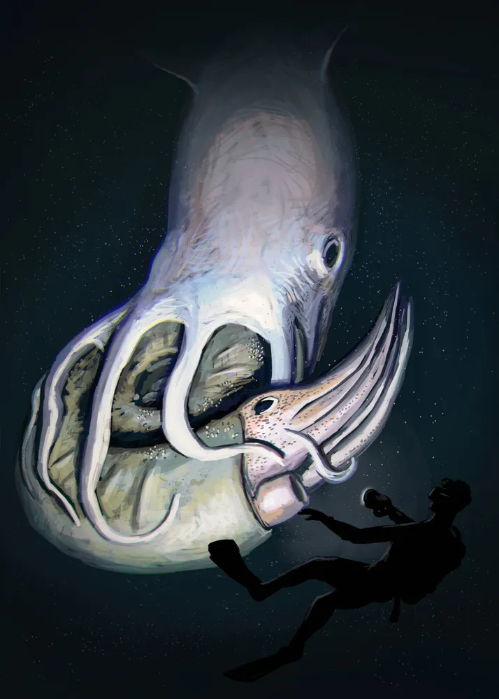 Beautiful digital art of an enormous octopus--maybe 6-7 meters--grabbing an also-enormous ammonite in the dark depths of the sea. They are illuminated by the dive light of an anachronistic human diver, who provides a scale object significantly smaller than both cephalopods.