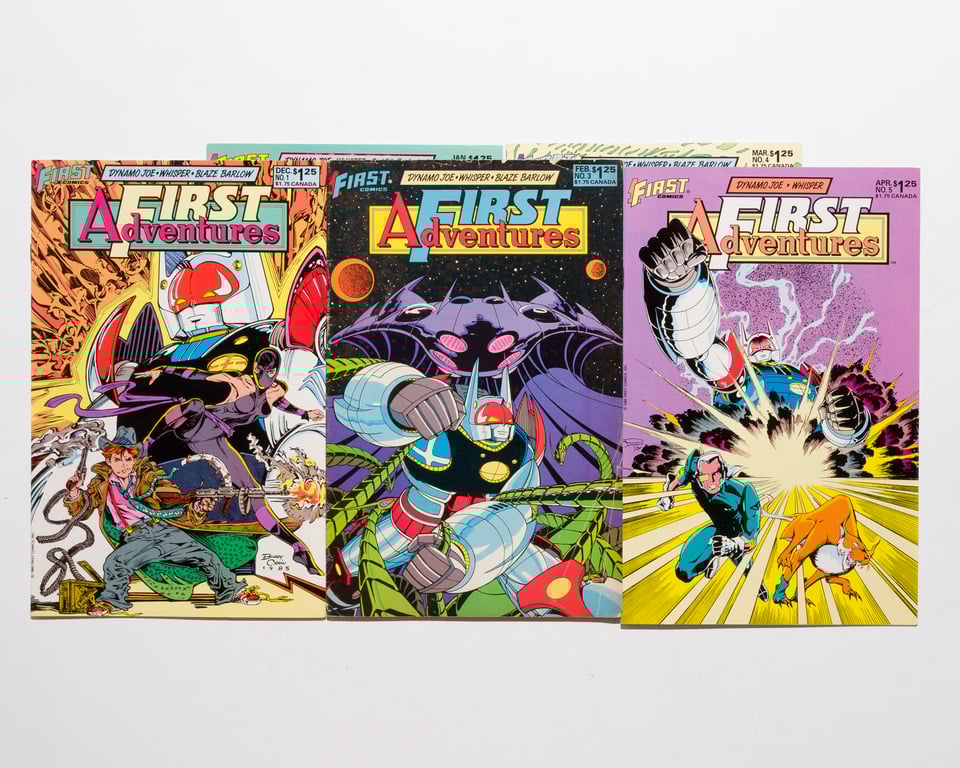 three issues of First Adventures that showcase Dynamo Joe on the covers
