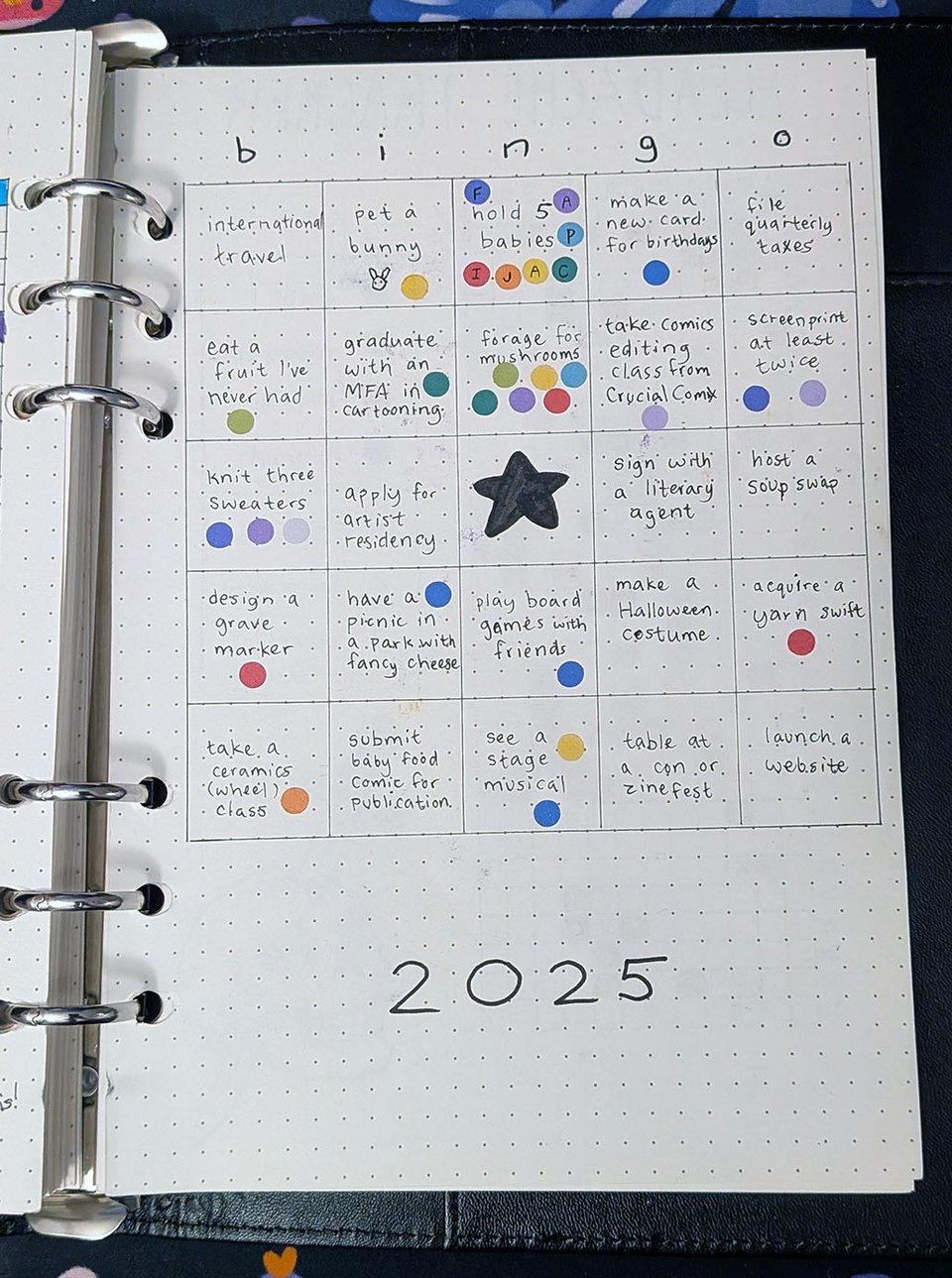 a page of Maia's planner showing a handwritten bingo card, where each square in the five-by-five grid lists something Maia hoped to do in 2025, such as "eat a fruit I've never had" and "launch a website." Many of the squares are checked off with colorful dot stickers, but nine of them are unmarked.
