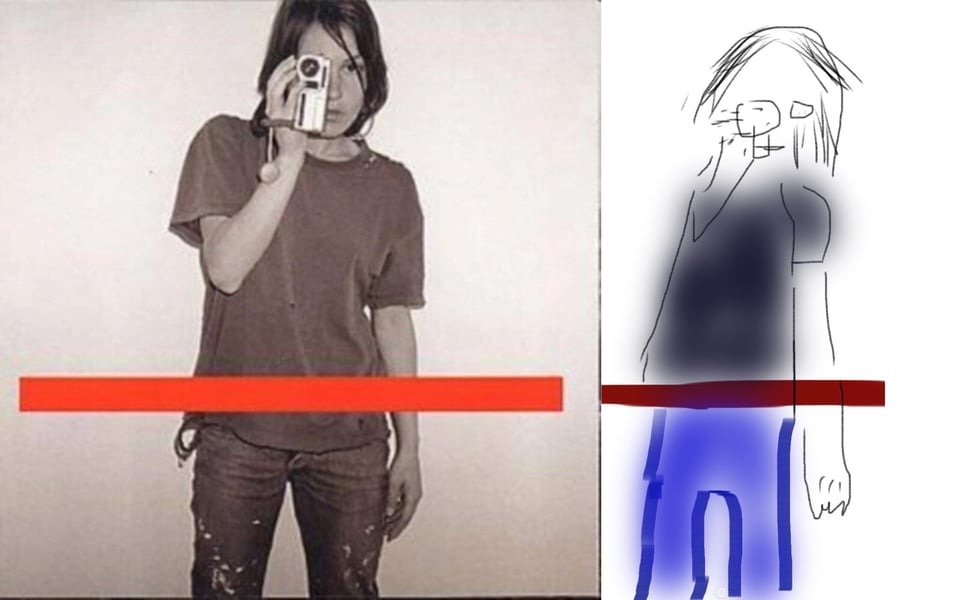 A black and white photo of a thin woman in a t-shirt and jeans, which appear to be splattered with white paint. She has neck-length dark hair. She holds a small camcorder up to one eye, as if filming the person taking her photo. There is a horizontal red bar superimposed over her waist, running almost from one side of the image to the other.