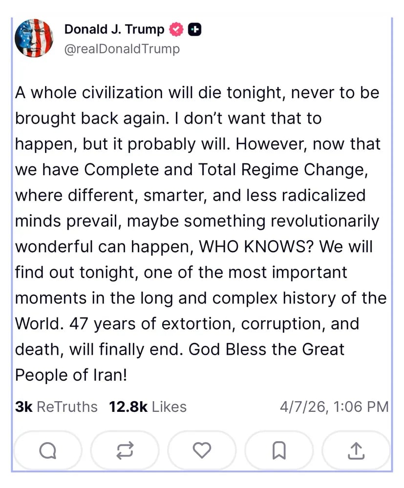 Post from Truth Social threatening genocide or a nuclear strike on Iran