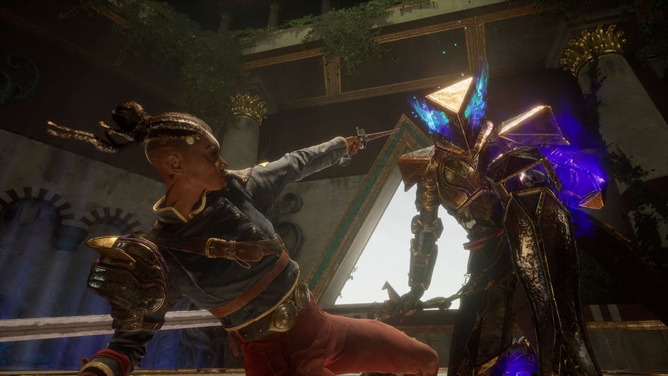 Flintlock: The Siege of Dawn gameplay screenshot featuring the player firing a flintlock gun at a kneeling armored god.