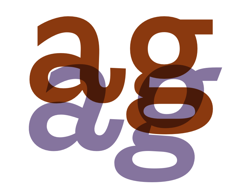 Lowercase letters a and g, overprinted. Set in LTR Limited Grotesque, the roman in red, the italic in blue.