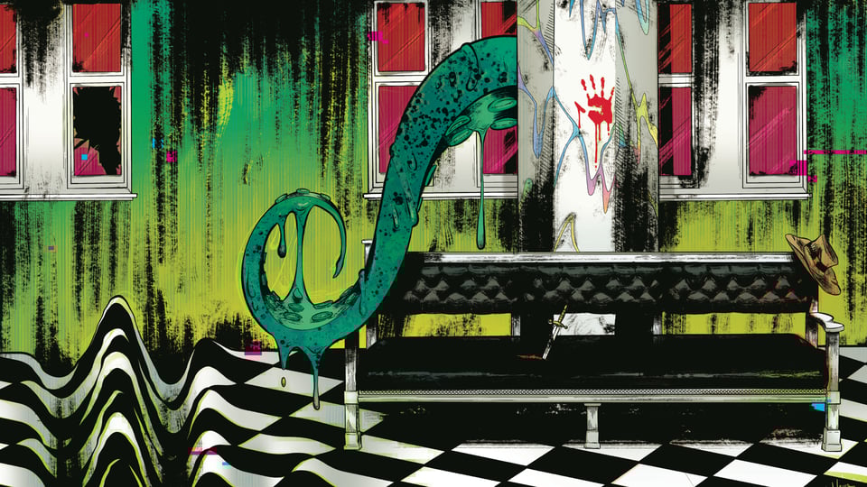 The cover of the Secrets of the Majestic anthology; a marbled floor, a luxe leather bench and a pillar with a huge green tentacle snaking out from behind it.