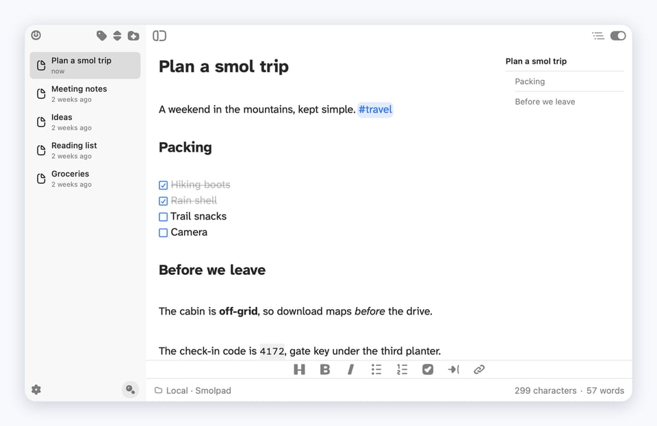 Screenshot of version 1.3.4 (yet to be released) of Smolpad which shows the new Outline panel for notes.