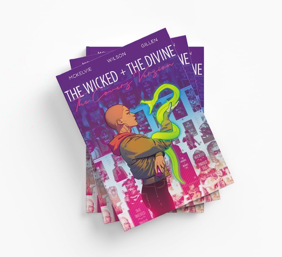 A mockup image of a stack of books with the title The Wicked + The Divine: THE COVERS VERSION