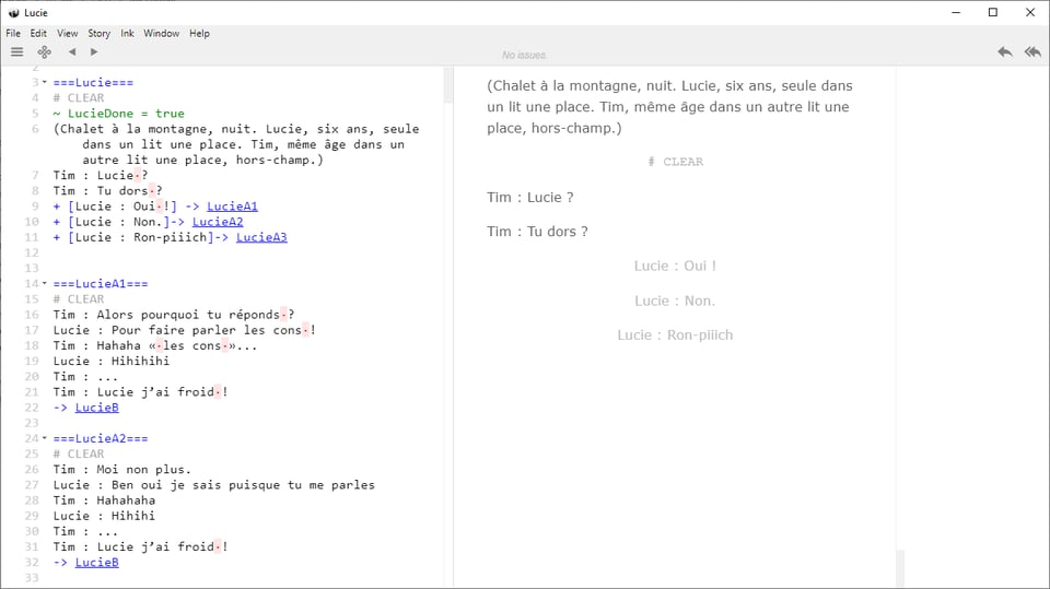 Screenshot of a .ink document. On the left side, the script - it’s the beginning of Lucie’s scene. On the right, a visualisation on the script as an interactive fiction.