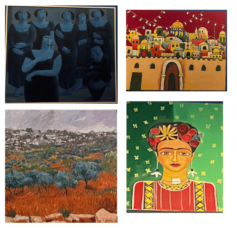 Four paintings, clockwise from top left: a painting of women in blues; a colorful image of Jerusalem; a colorful painting of Frida Kahlo; an oil painting of a field