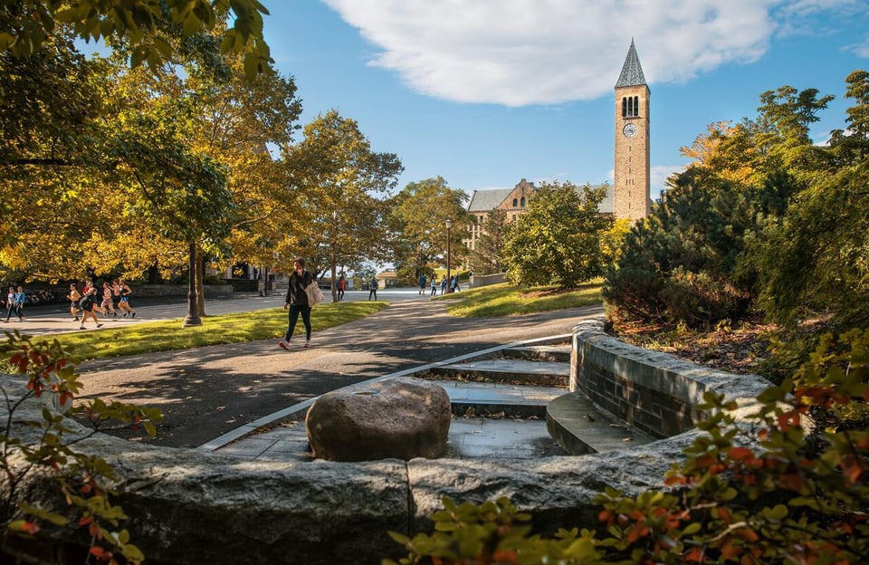 Image of Cornell University campus and bell tower in the summer