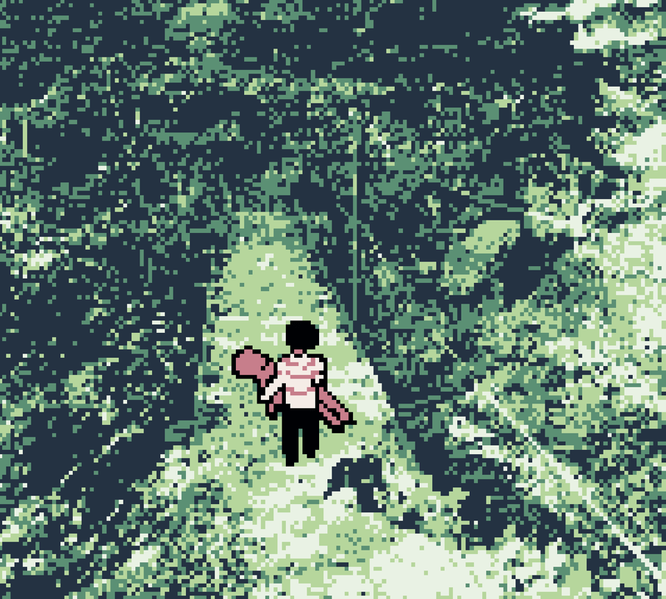 A screenshot from the game How a Body Sounds. a pixelated man in a red-and-white tshirt and black pants carries some kind of red mannequin in their hands. They are walking through an odd and eerie pixelated landscape that looks like a jungle trail.