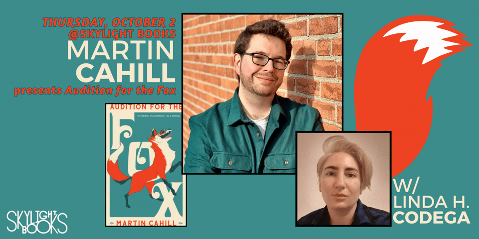 graphic of Marty's event on Thursday with Linda Codega at skylight books at 7pm PST