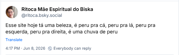 Post de Ritoca Mãe Espiritual do Biska (‪@ritoca.bsky.social‬): Esse site hoje tá uma beleza, é peru pra cá, peru pra lá, peru pra esquerda, peru pra direita, é uma chuva de peru