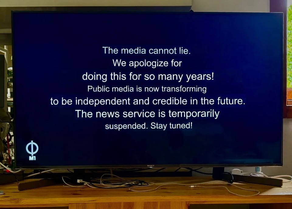 The picture above shows a still from M1, the Hungarian broadcaster, apologising for 15 years of propaganda under the Orban regime.